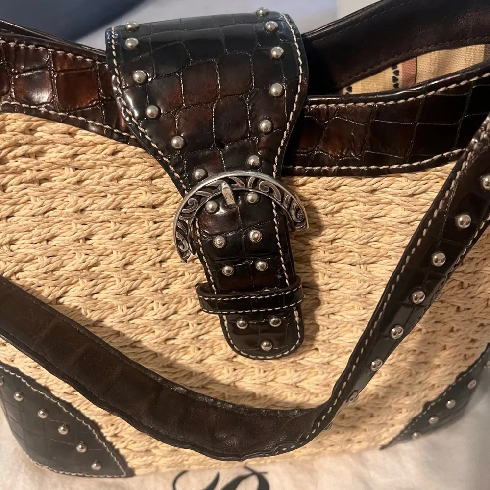 Brighton Raffia and Croc Embossed Studded Shoulder Bag
